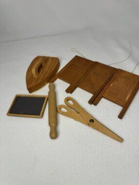 Lot 7 Vintage Wooden Toys Doll Washboard Scissors Rolling Pin Chalk Board Iron
